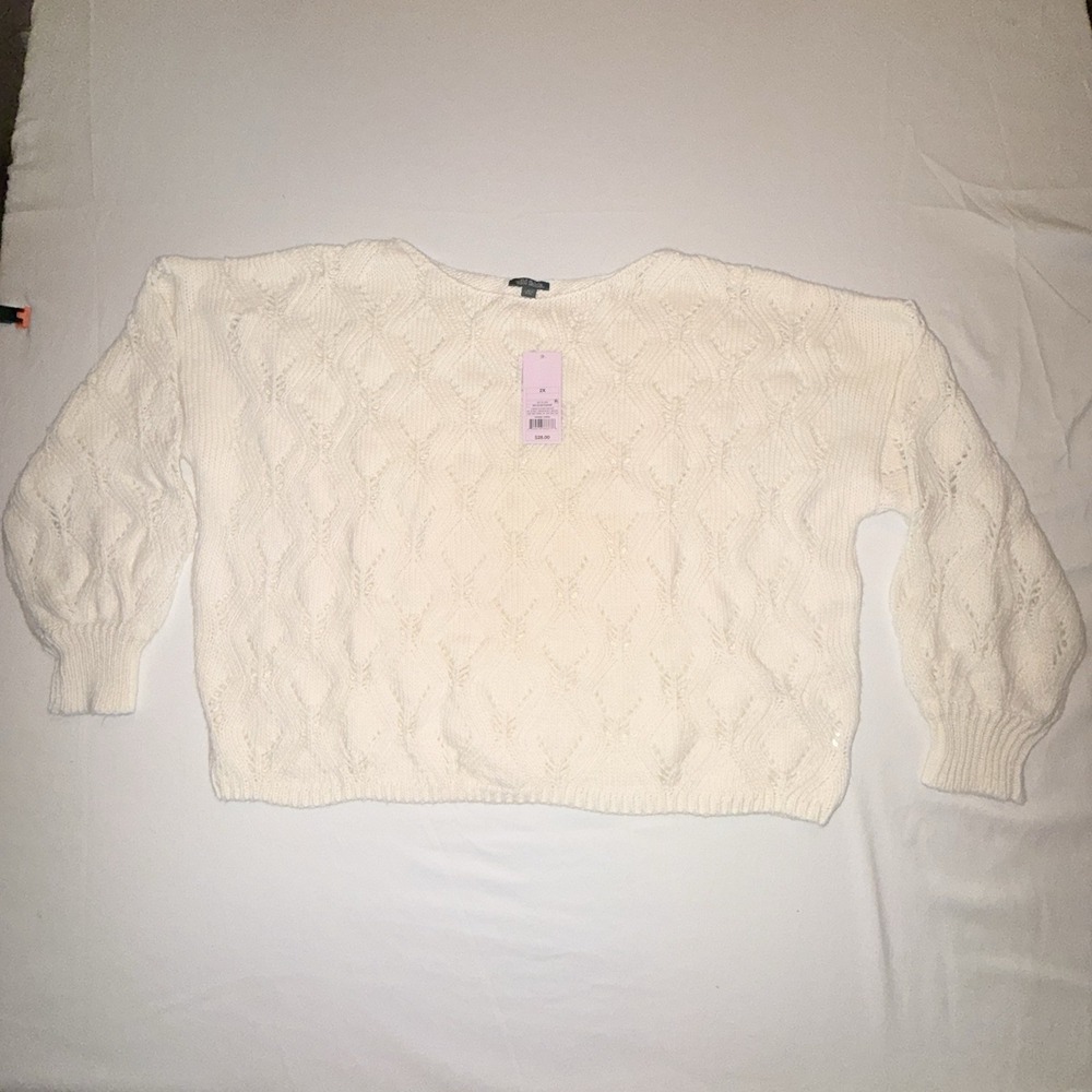 Wild Fable Pointelle‎ Cable Knit Sweater Womens 2X White New Balloon Sleeve Boho